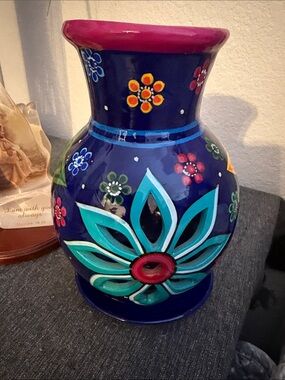 Hand-Painted Blue Floral Ceramic Vase with Pink Trim